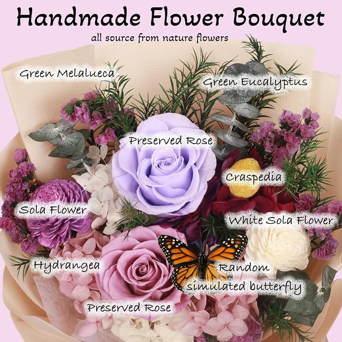 Preserved Flowers Bouquet, Purple Roses Forever Flowers for Delivery | Floral Arrangements in Vase, Birthday Flowers Gifts for Women Wife Mother's Day, Real Fresh Rose Dried