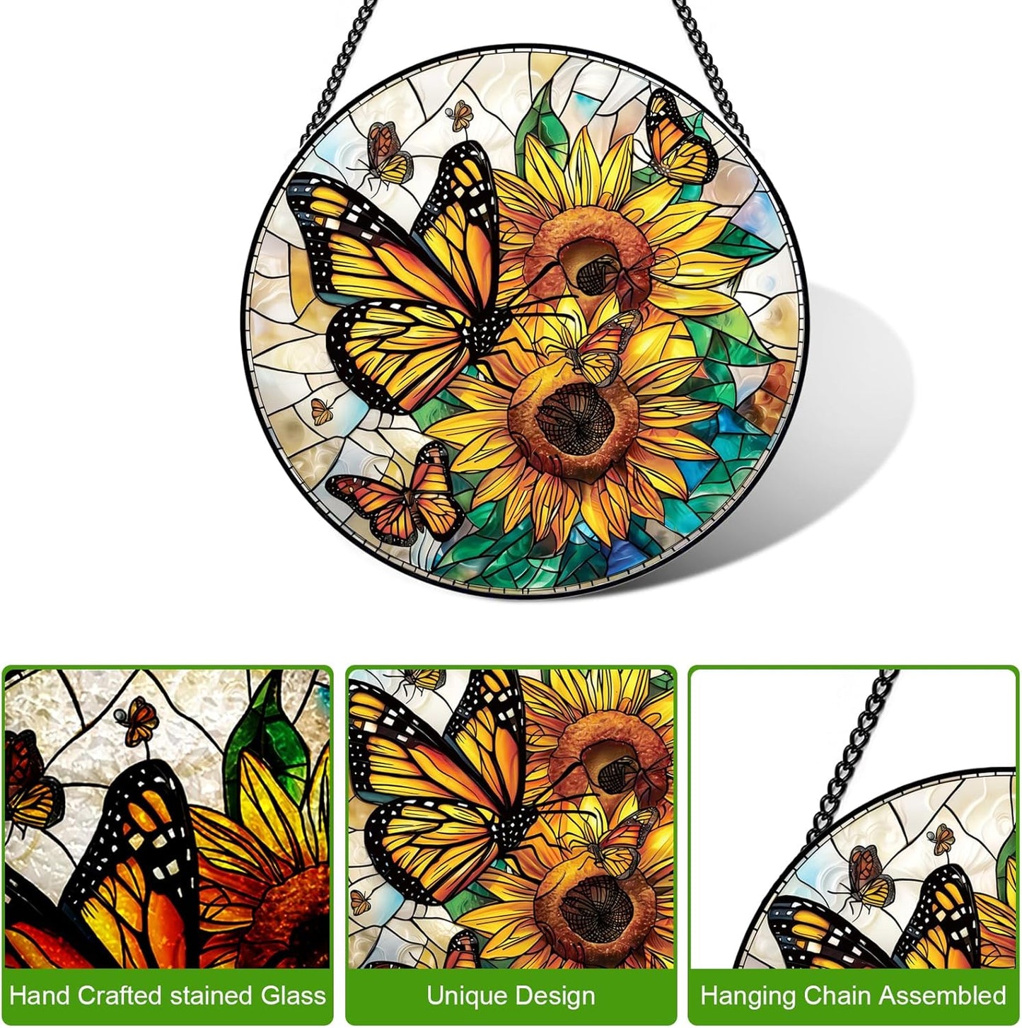 Stained Glass Window Hanging – Double-Sided Glass Sun Catcher with Chain – Memorial Window Art Panel for Home Décor, Spiritual Comfort, and All-Occasion Gifting