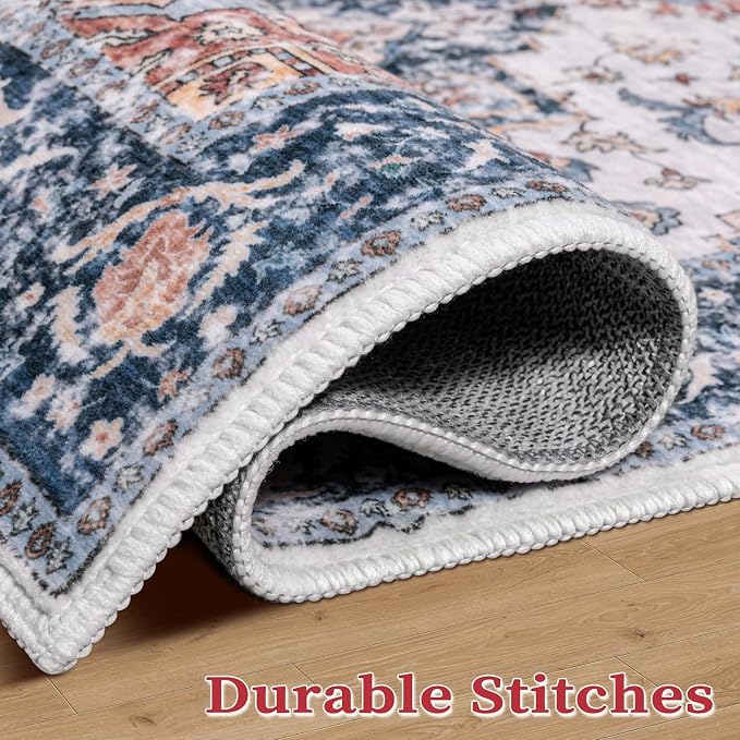 SERISSA Boho Area Rugs for Entryway, 3x4 Washable Non-Slip Kitchen Rug, Ultra Soft Print Distressed Blue Orange Rug Low-Pile Throw Door Mat Indoor Entrance Carpet for Bedroom Living Room Dorm Decor