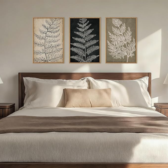 KAIRNE Vintage Botanical Fern Framed Canvas Wall Art Set, Retro Fern Leaf Wall Decor, Rustic Black Tan Art Prints, Modern Minimalist Leaves Artwork for Living Room,Bedroom,Farmhouse,Office-16 x24 x3