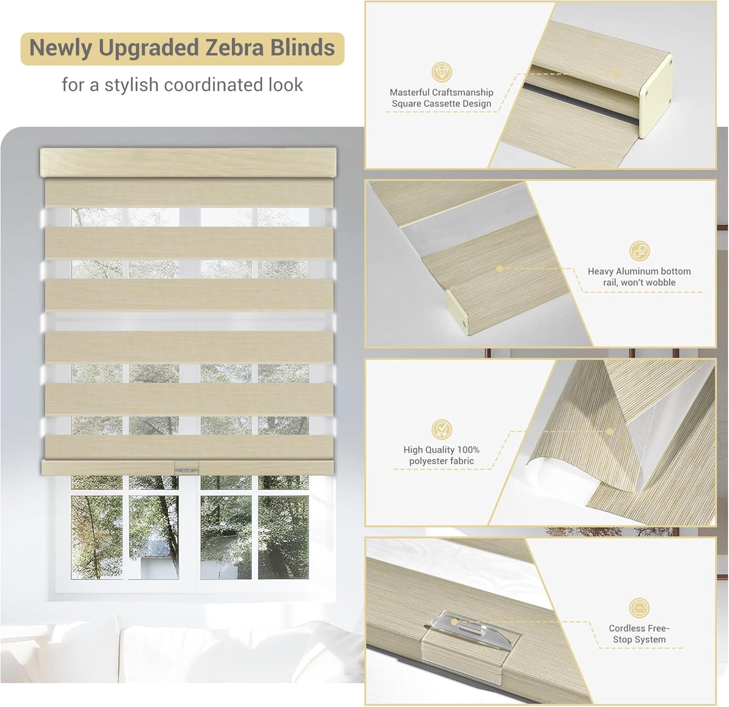 Cordless Zebra Blinds for Windows, Blackout Interior Blinds,Easy to Install,UV Protection,for Offices and Home,Custom Roller Shades, Mousse Beige,19" W x 88" H
