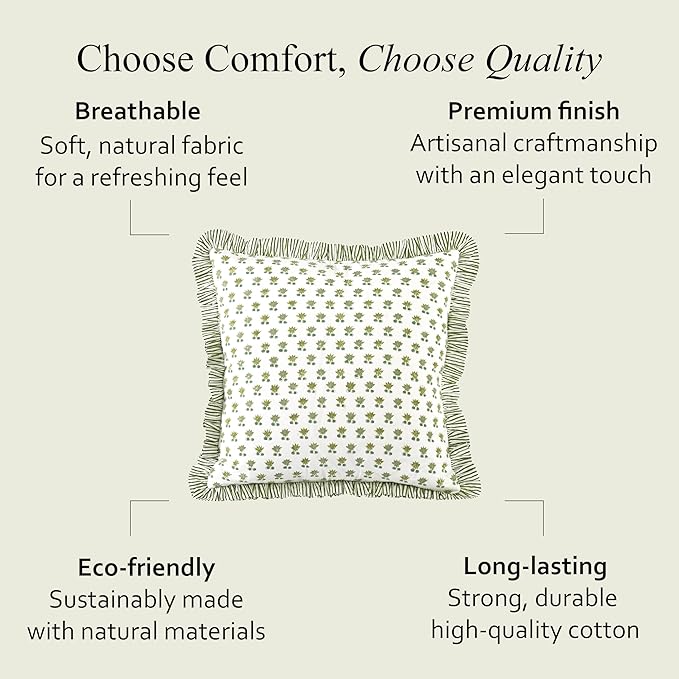 CPC Lotus Meadow Hand Block Print 100% Cotton Ruffle Throw Pillow Cover 18x18 inch with Hidden Zipper Decorative for Couch, Bed, Sofa, Farmhouse, Cottagecore Decor Gift Christmas Fall Thanksgiving