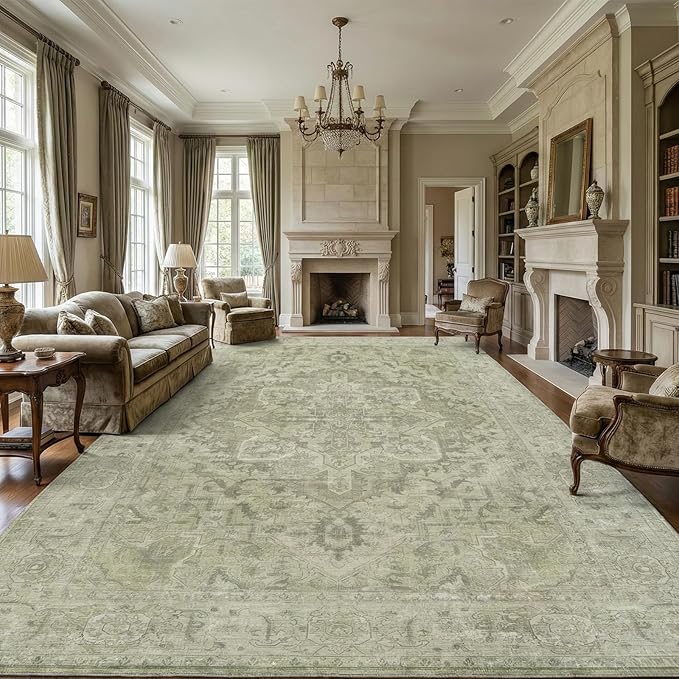 Homemate Washable Rug 9x12 Area Rugs - Vintage Faux Wool Rugs for Living Room Bedroom Dining Room - Non Slip Foldable Carpet Indoor Area Rug for Home Decor（9'x12', Green