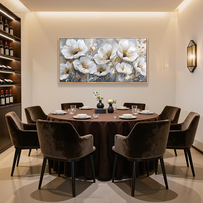 imjiayu Large Wall Decor, Flower Wall Art, Framed Wall Art, Botanical Floral Luxury Paintings, White Gold Modern Wall Decor for Living Room Bedroom Dining Room Hallway Office Picture Prints 24"x48"