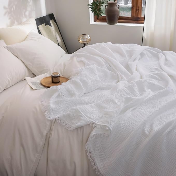 FOSSA Muslin Blanket 4-Layer 100% Cotton Gauze Blanket with Fringe 50"x70" | Super Soft Breathable Lightweight All Season & Decorative Blanket or Bed, Sofa, Office (Bright White,Throw XL)