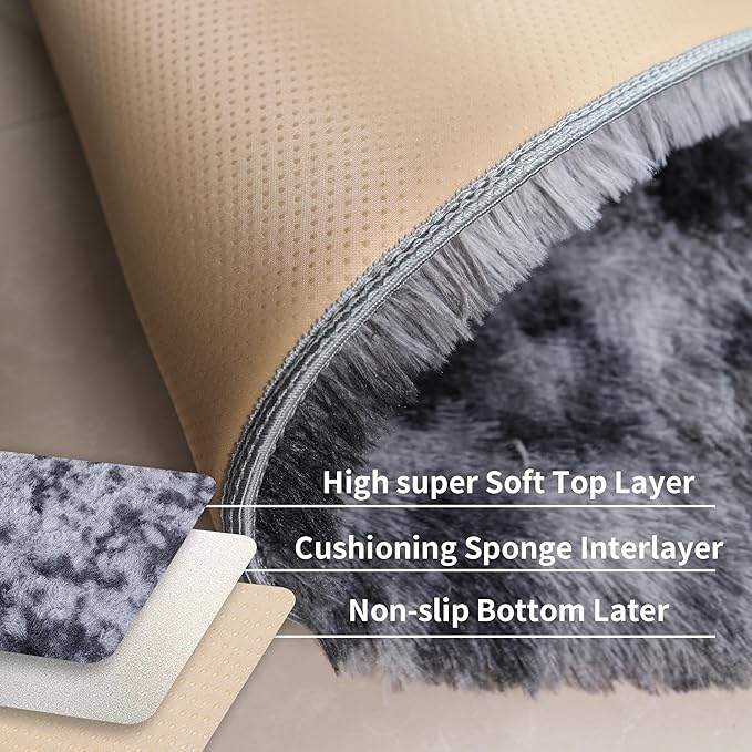 KICHOWUA 6x9 Dark Grey Fluffy Shag Rug for Bedroom Living Room, Ultra Soft Plush Fuzzy Washable Non Slip Floor Cozy Carpet, Modern Comfy Shaggy Large Area Rug for Kids Baby Nursery Dorm, Tie-Dye Gray