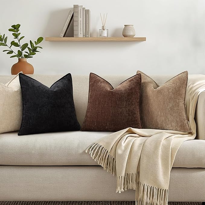 decorUhome Summer Couch Throw Pillow Covers 16x16 Set of 2, Decorative Soft Velvet Modern Cozy Chenille Pillow Cases with Elegant Design for Sofa Bed Living Room Home Decor, Dark Brown