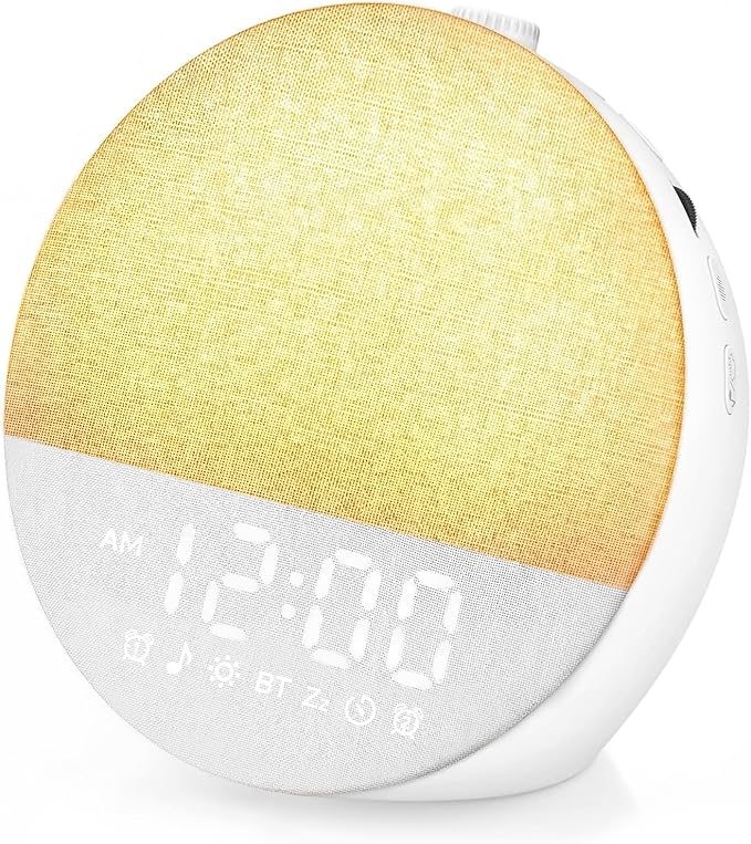 Geuuap Sunrise Alarm Clock White Noise Machine | Natural Wake-Up Light for Bedroom with 30 Soothing Sleep Aids, Bluetooth Speaker, Dimmable Clock, Screen-Free Design for Baby Adults Kids-White