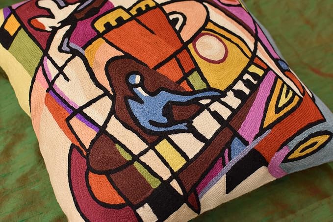 Modern Musical Accent Pillows by Alfred Gockel Decorative Pillowcase for Couch Stroking Keys Abstract Chair Cushion Bed Throw Cushions Hand Embroidered Wool | Size -18x18