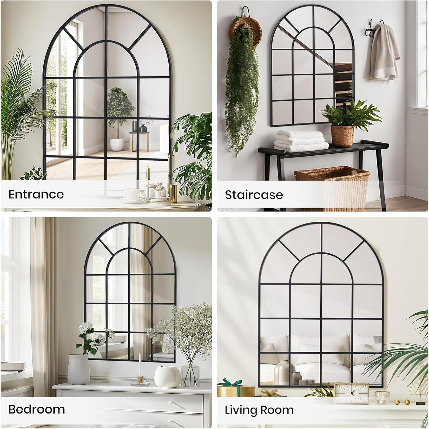 Arched Windowpane Wall Mirror 30"x48" Black Wall Mounted Art Pane Mirror Farmhouse Decorative Mirror Leaning Hanging Wall Mirror for Bedroom Living Room Entrance Hallway Wall Decor