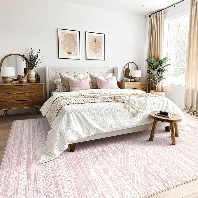 Tortania Area Rug Living Room Rugs- 10x14 Washable Large Soft Neutral Boho Moroccan Bohemian Farmhouse Rug Indoor Floor Carpet for Bedroom Under Dining Table Home Office Decor - Pink