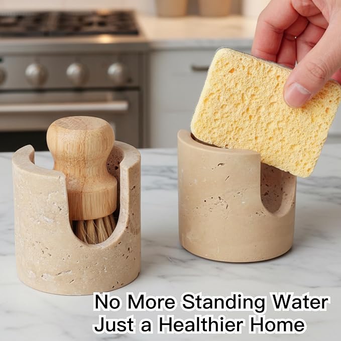 Natural Travertine Stone Sponge Holder, Compact Upright Sink Organizer for Kitchen & Bathroom Countertops, Porous Stone Design Supports Everyday Drying, Minimal Decor, Beige