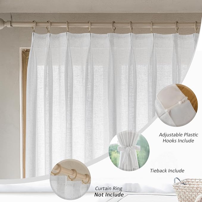 MAIHER Extra Wide Semi Sheer Pinch Pleated Curtains 72 Inches Wide White Linen Texture Pleated Drapes with Hooks Light Filtering for Living Room Sliding Glass Door 1 Panel 72" W x 84" L