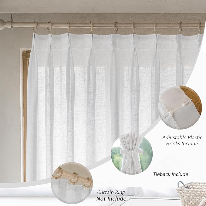 MAIHER White Pinch Pleat Curtains 100 Inches Extra Wide 1 Panel Semi Sheer Pinch Pleat Curtains 108 Inches Long with Hooks for Living Room Sliding Doors Light Filtering