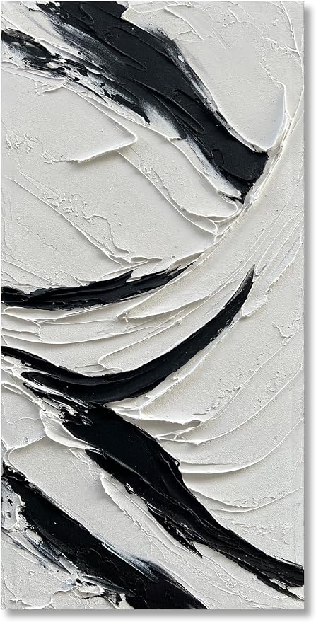 NANKAI Art Hand Painted Oil on Canvas in Black and White 48x24 inches Modern Abstract Minimalist Oil Painting Home Wall Decorative Art
