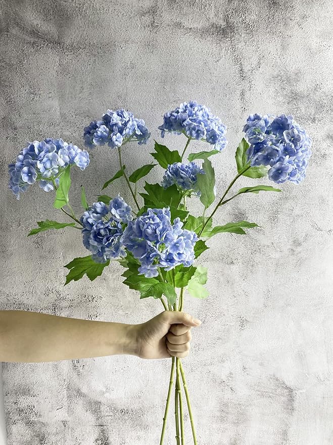 YalzoneMet 4 Pcs Artificial Snowball Viburnum Hydrangea Flower 26.8'' Blue Small Real Touch Faux Latex Long Stem for Christmas Home Decoration Xmas Table