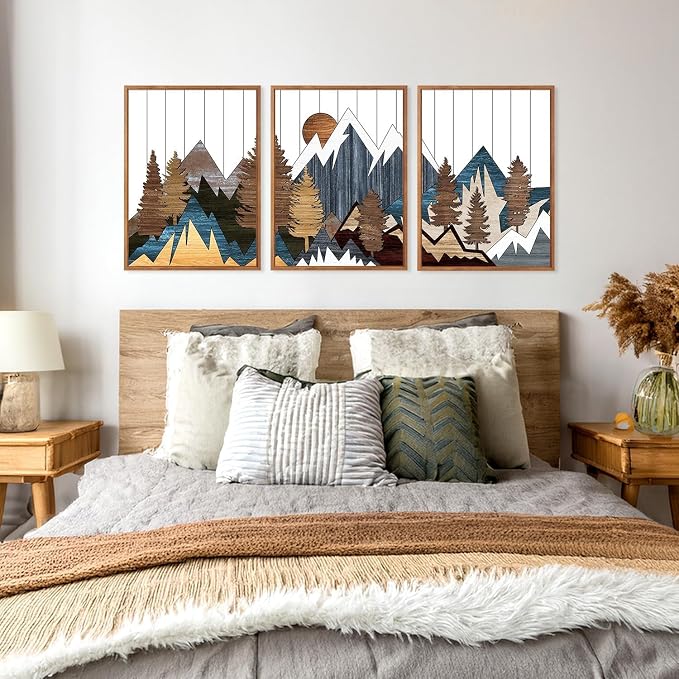 CHDITB Mountain Wall Art Prints Set, Country Woodcut Wall Decor, Rustic Forest Pictures Artwork, Nature Landscape Decoration, National Park Framed Canvas Paintings For Living Room Bedroom 16"x24"X3