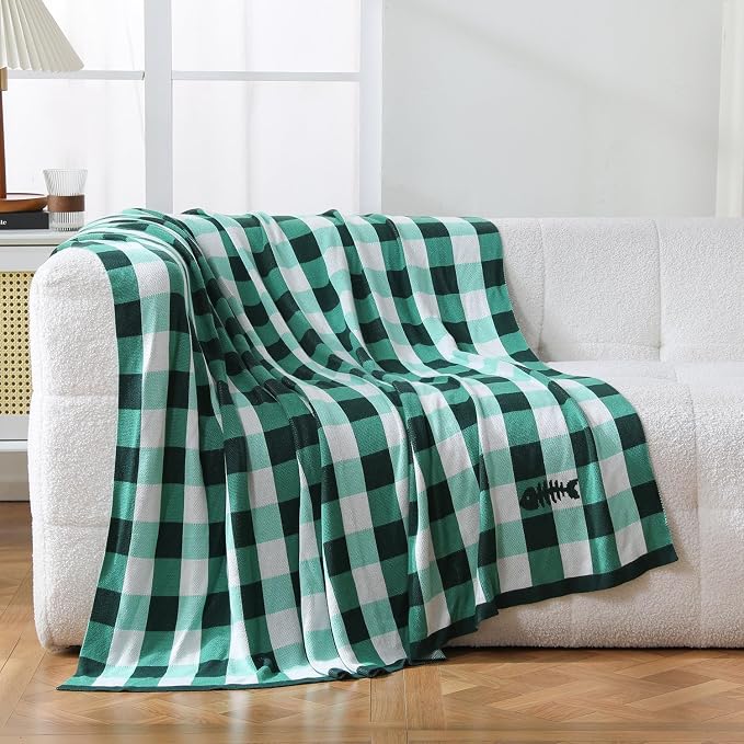 BOV Knit Checkered Throw Blanket - 100% Viscose Silky Super Soft Breathable Lightweight Summer Blanket for Chair Couch Sofa, Perfect Self Care Gifts for Women, Fern Green 50"x60"