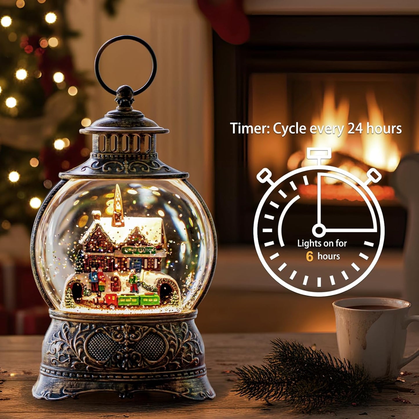 Christmas Snow Globes Christmas Water Lantern with Station Train, Music & 6H Timer, USB Lined/Battery Operated Lighted Lanterns for Xmas Festival Decoration Gifts