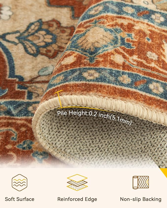 RELEANY Area Rugs Round 5ft Washable Non-Slip, Floral Vintage Distress Medallion Carpet for Living Room Bedroom Dining Room, Red Orange Blue Brown