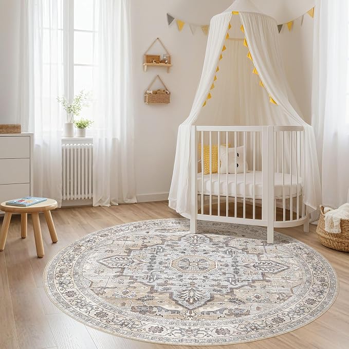Round Rug Living Room Rugs: 4x4 Washable Boho Neutral Small Circle Soft Indoor Distressed Stain Resistant Floor Farmhouse Carpet for Bedroom Nursery Kids Playroom Office Dining Room Dorm- Cream Gray