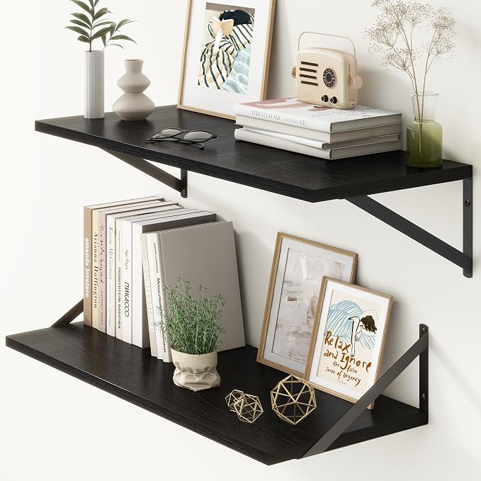 12 Inch Deep Floating Shelves, 30W x 12D Wall Shelves with Brackets, Black Floating Shelves 30 Inch Long, Rustic Wood Wall Shelf, Wide Storage Display Shelf for Kitchek, Living Room, Bathroom