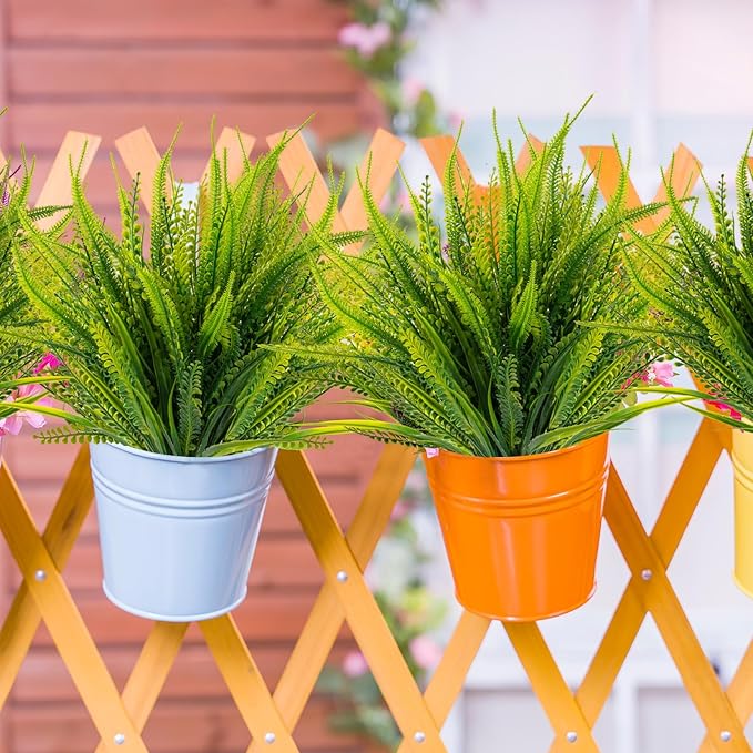 ZEOSTARO 12 Bundles Artificial Plants Outdoor Fake Boston Fern Greenery with Flowers Faux UV Resistant Shrubs Garden Patio Porch Window Box Farmhouse Hanging Decor(Green)
