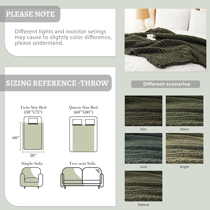 Battilo Olive Green Chunky Knit Throw Blanket, Soft and Thick Green Chenille Throw Blanket, 50"x60" Handmade Cable Knit Crochet Blanket, Rope Knot Knitted Throw Blankets for Couch Sofa Home Decor