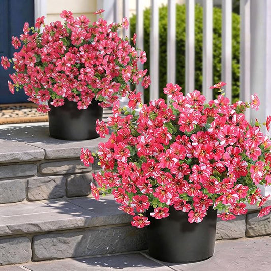 Artificial Morning Glory & Eucalyptus Topiary Trees - Set of 2 Faux Silk Flower Potted Plants, UV-Resistant Fake Outdoor Morning Glory Bushes for Front Door, Yard, Farmhouse, Garden Decor (Rose Red)