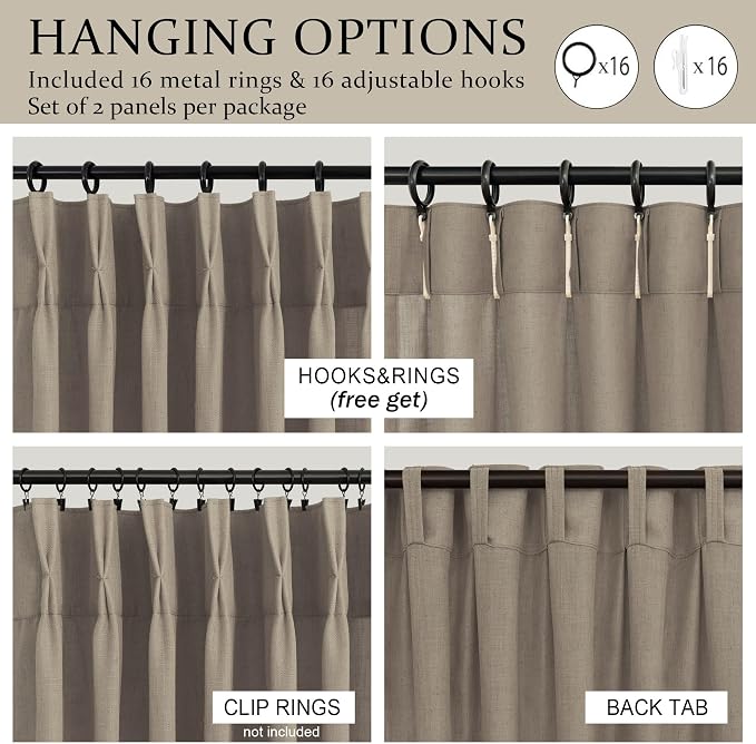 Brown Curtains 72 Inch Length 2 Panels Set for Living Room Dining Area Pinch Pleat Back Tab Casual Weave Semi Sheer Light Reducing Dark Taupe Pleated Linen Curtain for Study Bedroom 40x72 Inches Long
