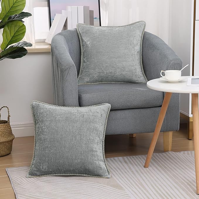 decorUhome Chenille Soft Cozy Throw Pillow Covers 20x20 Set of 2, Modern Farmhouse Boho Velvet Decorative Pillow Cases with Stitched Edge for Couch Sofa Bed Home Decor, Neutral Gray