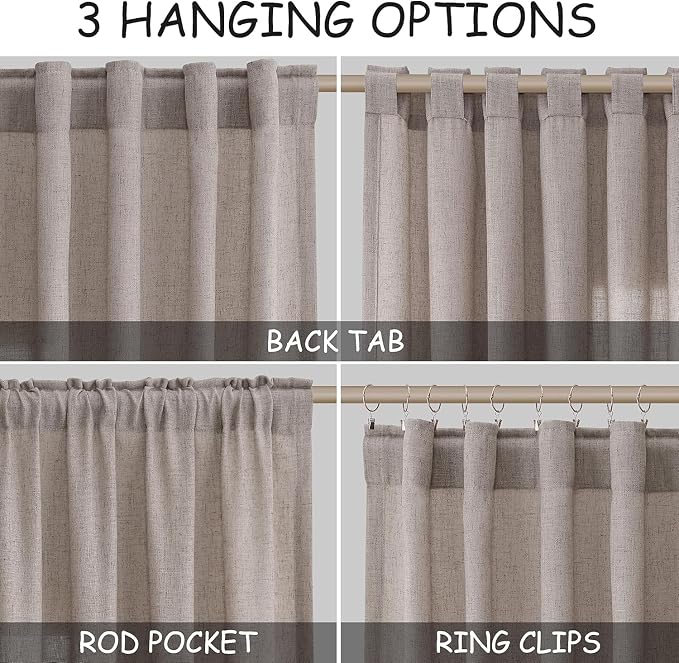 Nanspring Brownish Grey Linen Curtains for Living Room 86 Inches Long Back Tab Light Filtering Semi Sheer Curtain Modern Farmhouse Decor for Bedroom Office Luxury Textured Drapes 52x86, 2 Panels