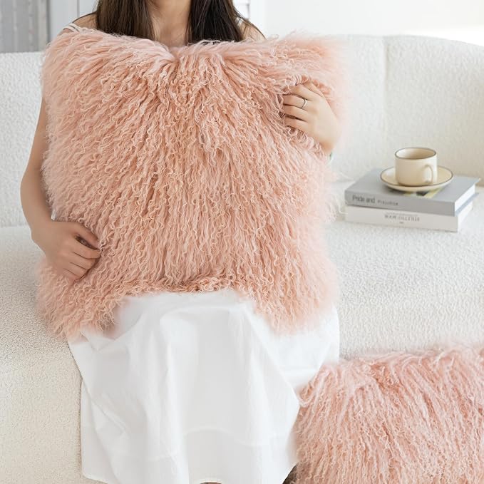 MOOX Mongolian Lamb Fur Pillow Covers Lumbar Throw Sheepskin Pillow Case Genuine Wool Fur Tibetan Accent Living Room Bedroom Decorative Cushion Cover (18 * 18inch Pink)