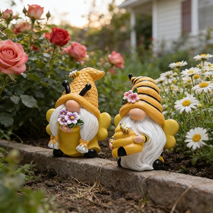 Hodao Bee Gnomes Set of 2 - Honey Bee Day Resin Statues, Summer Spring Gnome Figurines Decor for Home Kitchen Tiered Tray, Cute Bumble Bee Bumblebee Decorations for Table Office Garden Shelf, 4.3" H