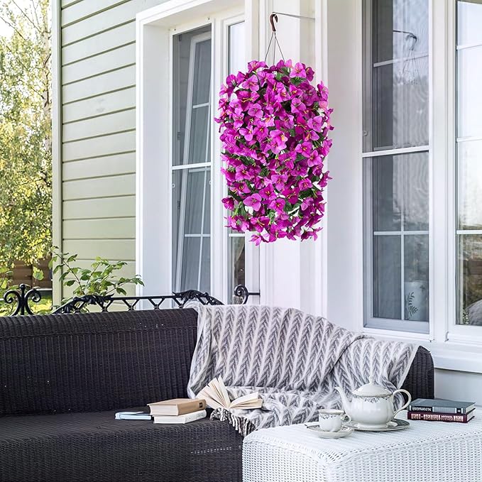 INXUGAO 2 pcs Artificial Faux Bougainvillea Flowers Plants for Outdoor Outside Summer Decoration, Fake Silk UV Resistant Long Trailing Vines for Front Door Porch Planter Balcony (Double Lotus)