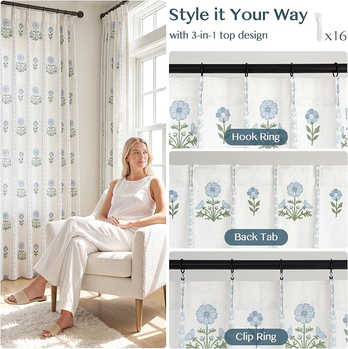 THREE GIRLS Pinch Pleated Light Filtering Linen Blend Floral Block Print Curtains for Living Room, Bedroom, Modern Farmhouse, Memory Trained, Hooks, 2 Panels Set, 40"x120", Blue