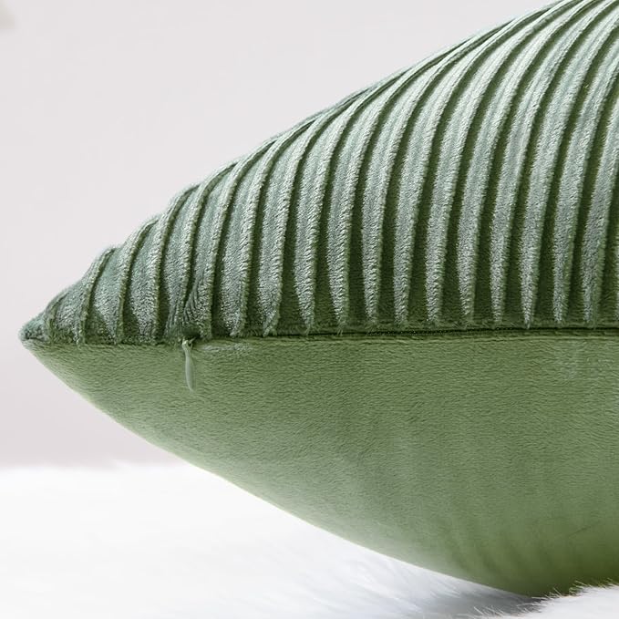 YCOLL Sage Green Spring Pillow Covers 18x18 Set of 2 Velvet Striped Pattern - Soft Throw Pillows for Home Decor, Luxury Decorative Pillow Covers for Couch, Bed,Living Room