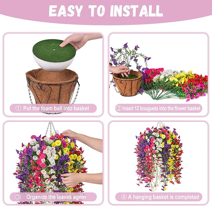 INXUGAO Artificial Flowers with Hanging Basket, Outdoor Faux Plants Silk Morning Glory Vines, Fake Petunias for Garden Patio Spring Summer Decor, 12 pcs Mixed Color