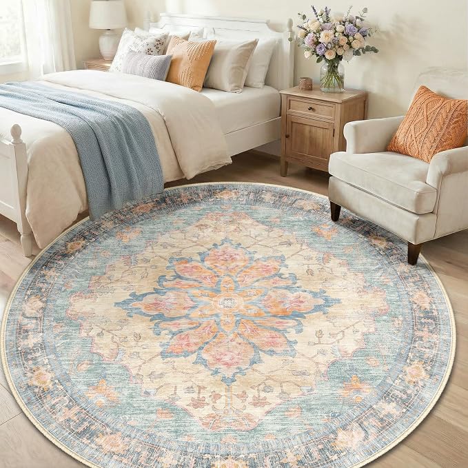 RELEANY Area Rugs Round 6ft Washable Non-Slip, Floral Vintage Distress Medallion Carpet for Living Room Bedroom Dining Room, Blue Orange Red