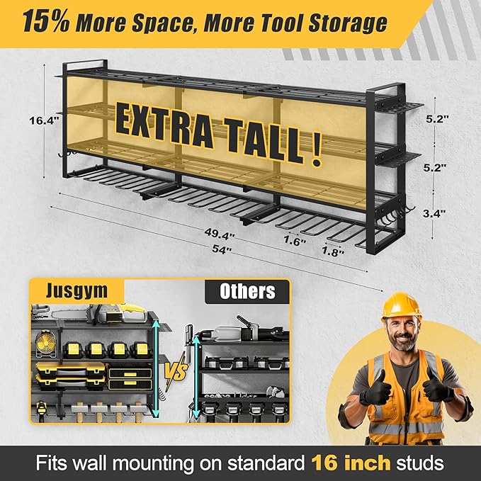 Jusgym Large 49''W Power Tool Organizer Wall Mount |650lbs Garage Storage Rack with 12 Cordless Drill Holder |4-Tier Heavy Duty Tool Storage Rack for Garage Organization |Gift for Men