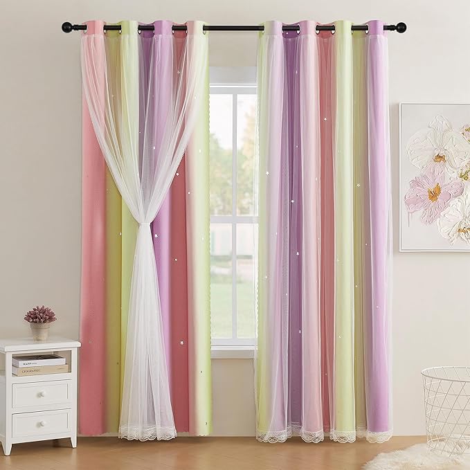 XiDi Girls Curtains for Bedroom 96 Inches Long 2 Panels Pink Yellow Purple Rainbow Blackout Curtains for Little Girl Kids Room Decor Living Room, Princess Unicorn Wall Decals Grommet Drapes 52x96