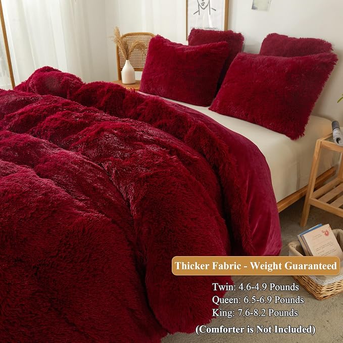 XeGe Plush Shaggy Duvet Cover Set, Luxury Soft Crystal Velvet Fluffy Furry Bedding Sets 3 Pieces(1 Faux Fur Fuzzy Comforter Cover + 2 Faux Fur Throw Pillow Shams), Zipper Closure (Queen, Red)