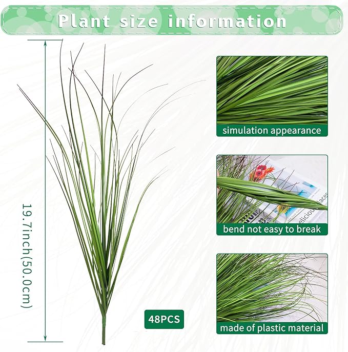 48Pcs Artificial Grass Plants Outdoor Faux Shrubs Wheat Grass Green Onion Grass Artificial Greenery Tall Stems for Indoor Outdoor Office Home Decor（Green Red Tail）