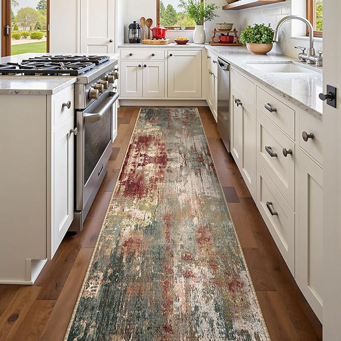 RELEANY Washable Area Rugs 2'x10' Non-Slip Modern Abstract Soft for Living Room Entryway Bedroom Nursery, Print Pattern, Brown Rust Red Green Blue Multi