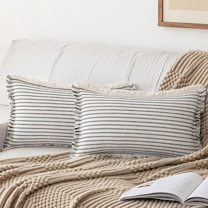 YEENAASY Throw Pillow Covers 12x20 Set of 2 Striped Fringe Pillow Cover Farmhouse Cushion Covers with Tassel Neutral Boho Pillows Decorative Square Pillowcase for Couch Sofa Bed, Black