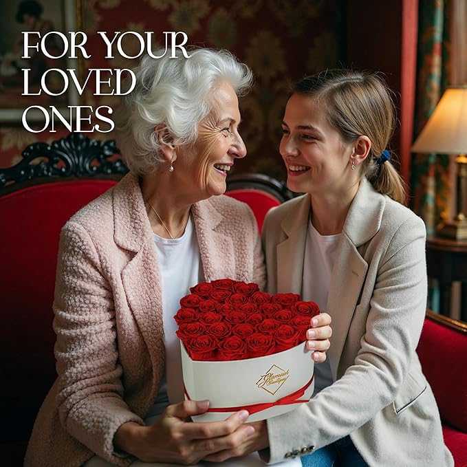 GLAMOUR BOUTIQUE Preserved Roses in a Box - Gifts for Her, Wife & Mom, Rose Flowers Forever Decor for Birthday Gift, Get Well Flower Bouquet Cased in White Box with Cover - Red - 27 (Color-Treated)