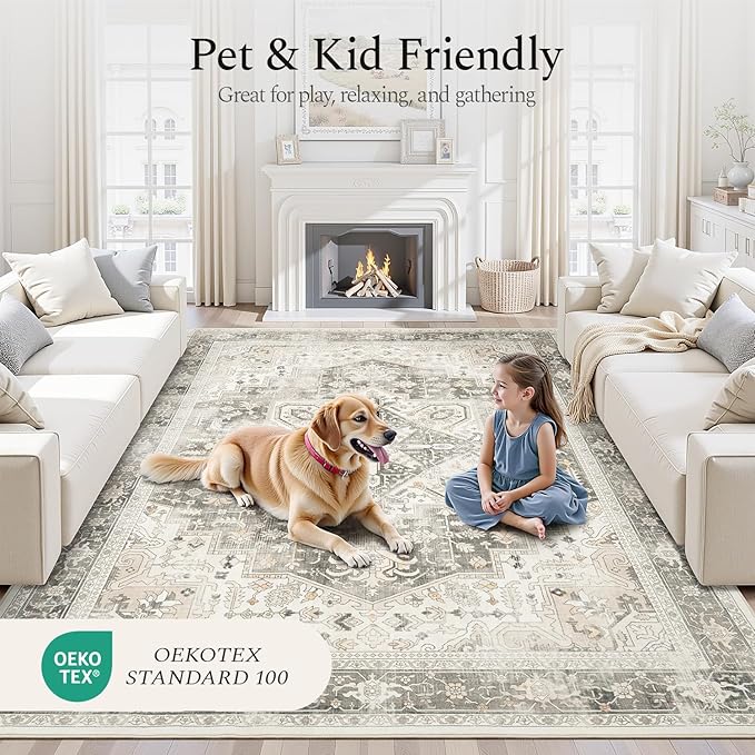 Rugflix 3x5 Area Rugs for Living Room, Machine Washable Rug Non Slip Stain Resistance, Small Rug Vintage Distressed Soft Carpet for Bedroom, Dining Room, Home Office, Beige Grey