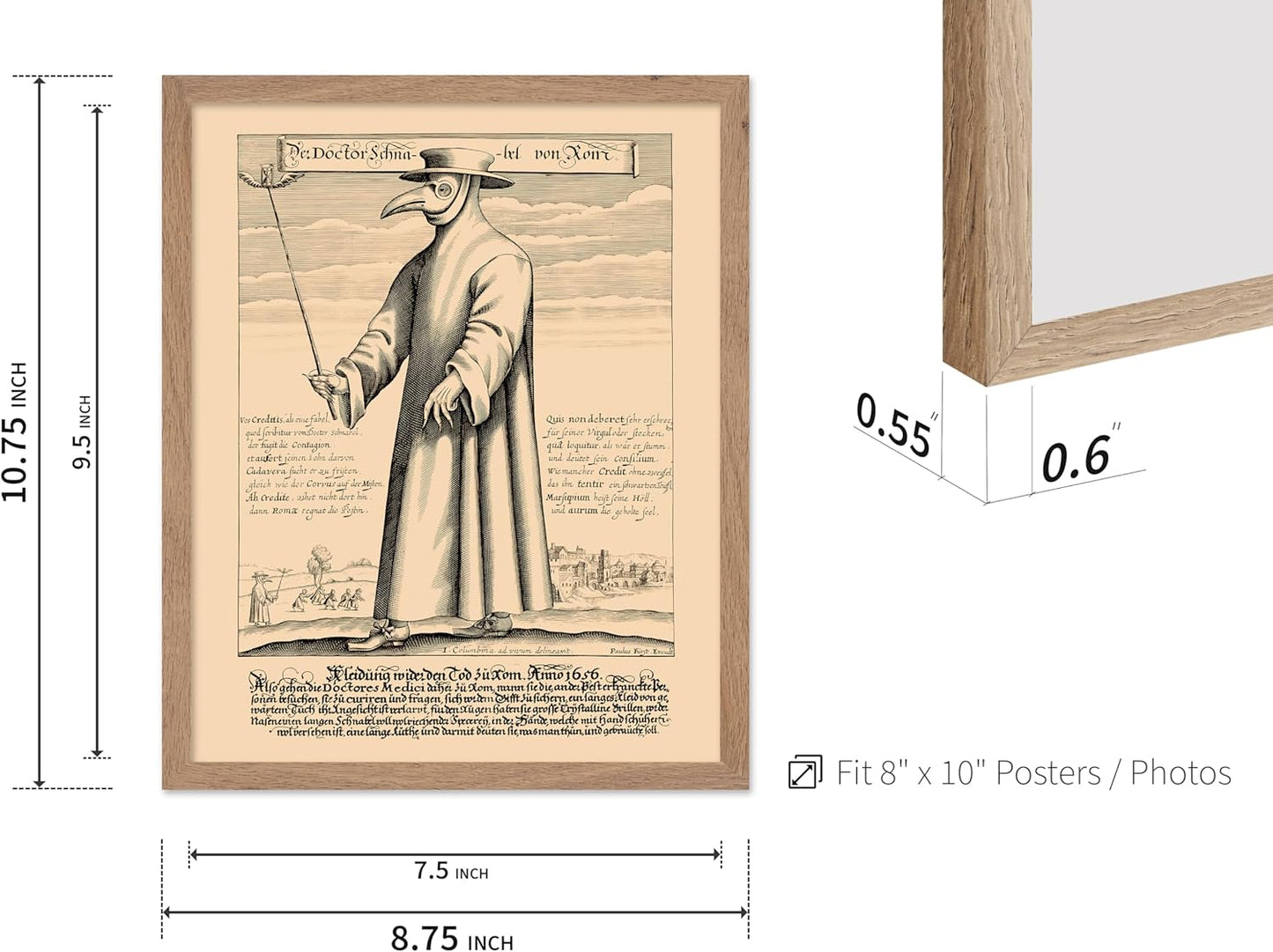 Poster Master Vintage Medieval Poster - Retro Illustration Print - Gift for Friend - Plague Doctor, Pandemic Mask, Physician, Black Death - Wall Decor for Home, Living Room, 8x10 Beige Framed