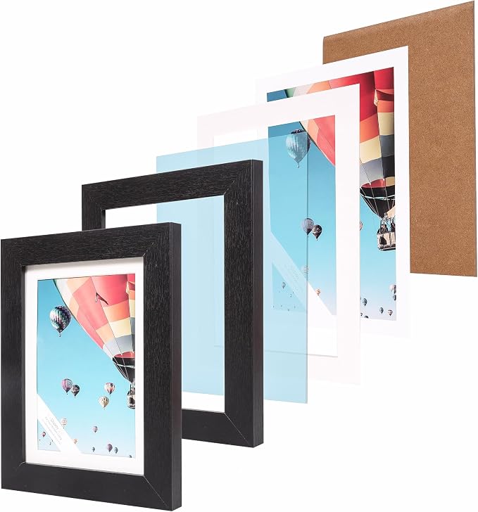 The Display Guys - Black Wooden Minimalist Picture Frames Set - Tempered Glass - 6x8 matted to 5x7 - Tabletop Easel - 6-Pack