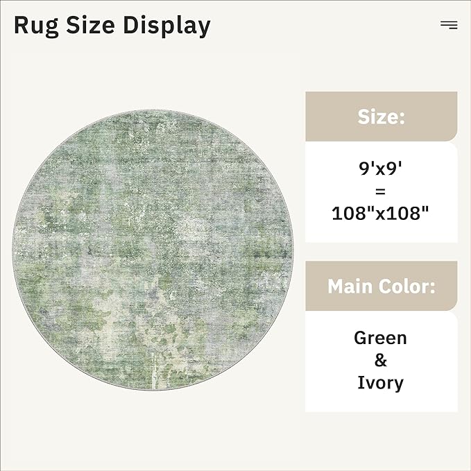 Soalmost 9x9 Green/Ivory Round Rug 9ft Living Room Circle Rug Vintage Round Area Rug Non Slip Indoor Carpet for Apartment